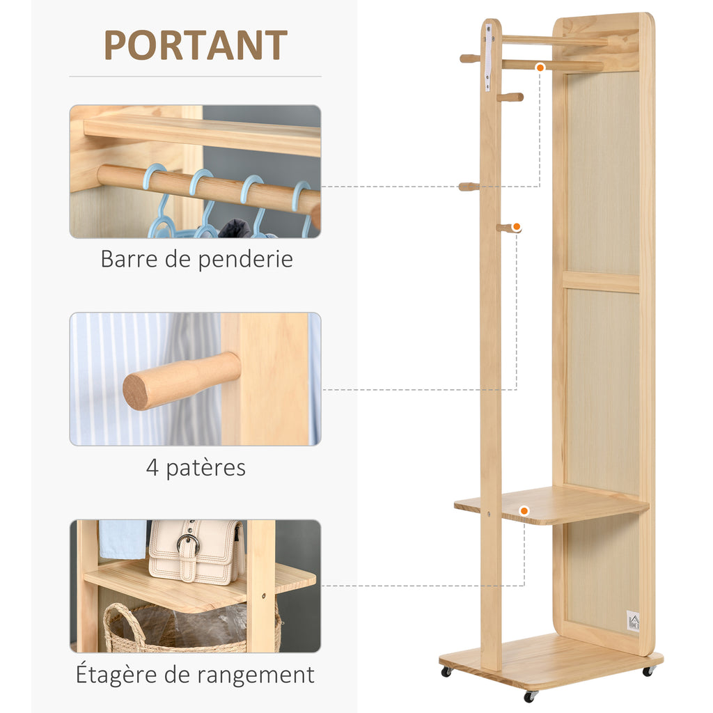 Miroir sur Pied avec roulettes - Portant, 4 patères étagère MDF Aspect Bois Clair-4