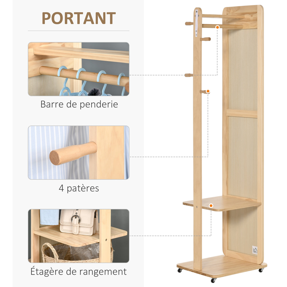 Miroir sur Pied avec roulettes - Portant, 4 patères étagère MDF Aspect Bois Clair-4