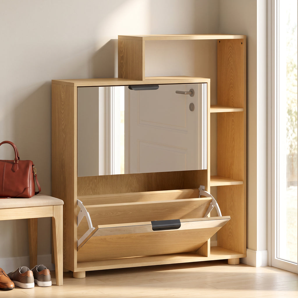 Meuble à Chaussures 10 Paires, Armoire à Chaussures, Portes en Miroir, 2 Tiroirs et Compartiments Ouverts, Chêne-1