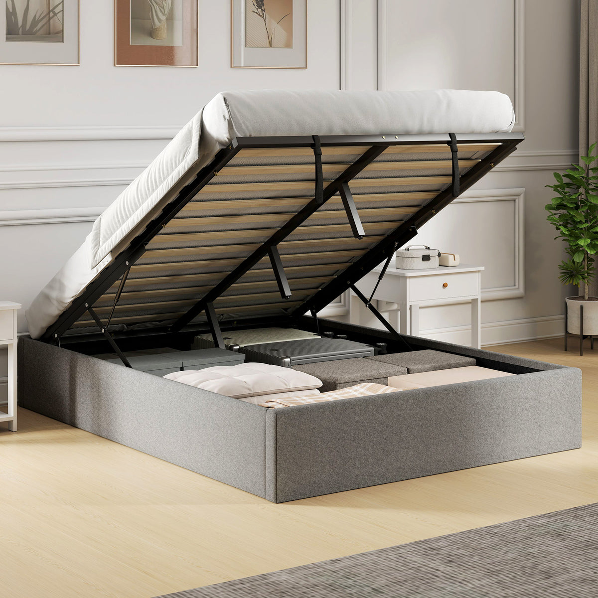 Lit coffre 140 x 190 cm, cadre de lit double rembourré, sommier à lattes en bois, rangement caché, sans bruit, gris-9