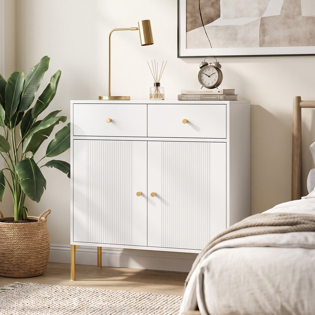 Buffet Salon, Meuble de Rangement avec 2 Portes, 2 Tiroirs, Étagères Réglables et Pieds en Métal, 80 x 39 x 86 cm, Blanc-8