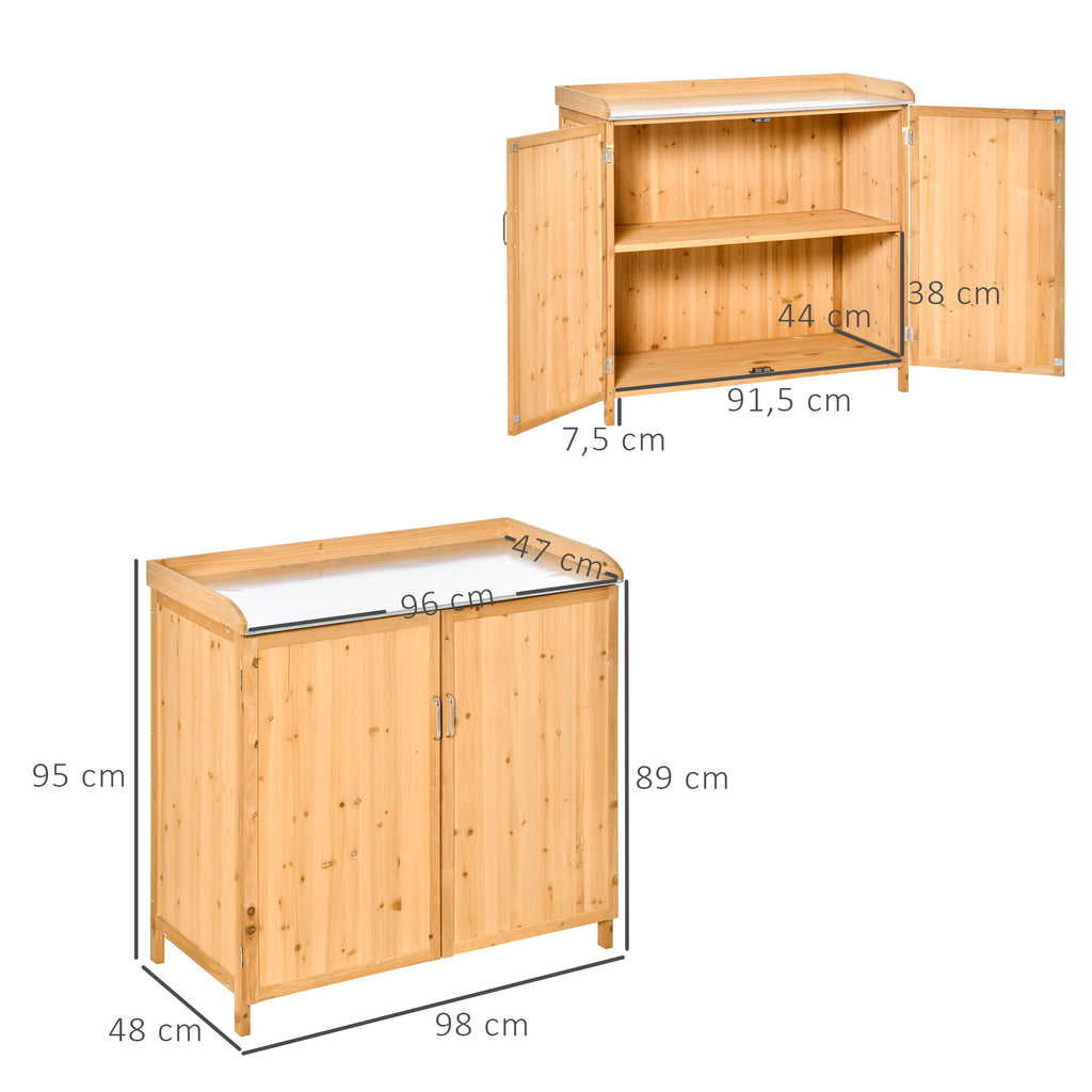 Armoire de jardin sur pied table de rempotage 2 en 1 - table de jardinage double porte, étagère, plateau tôle-2