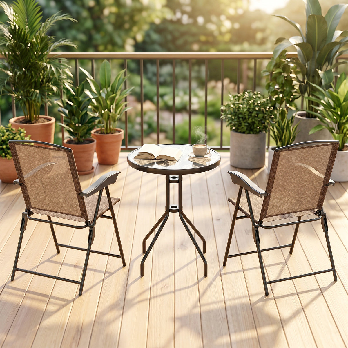Ensemble de Jardin 3 pièces 2 chaises inclinables Multi-Positions Pliables + Table Ronde Verre trempé métal-7