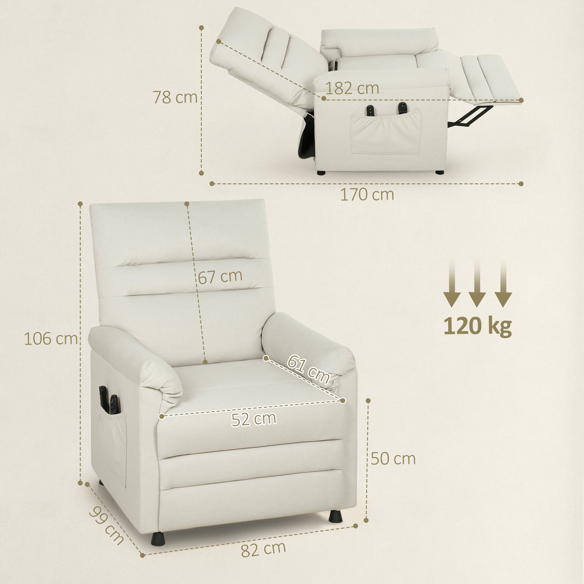 Fauteuil relax électrique massant et chauffant, fauteuil inclinable, repose-pieds, moteur silencieux, 82x99x106cm, crème-2