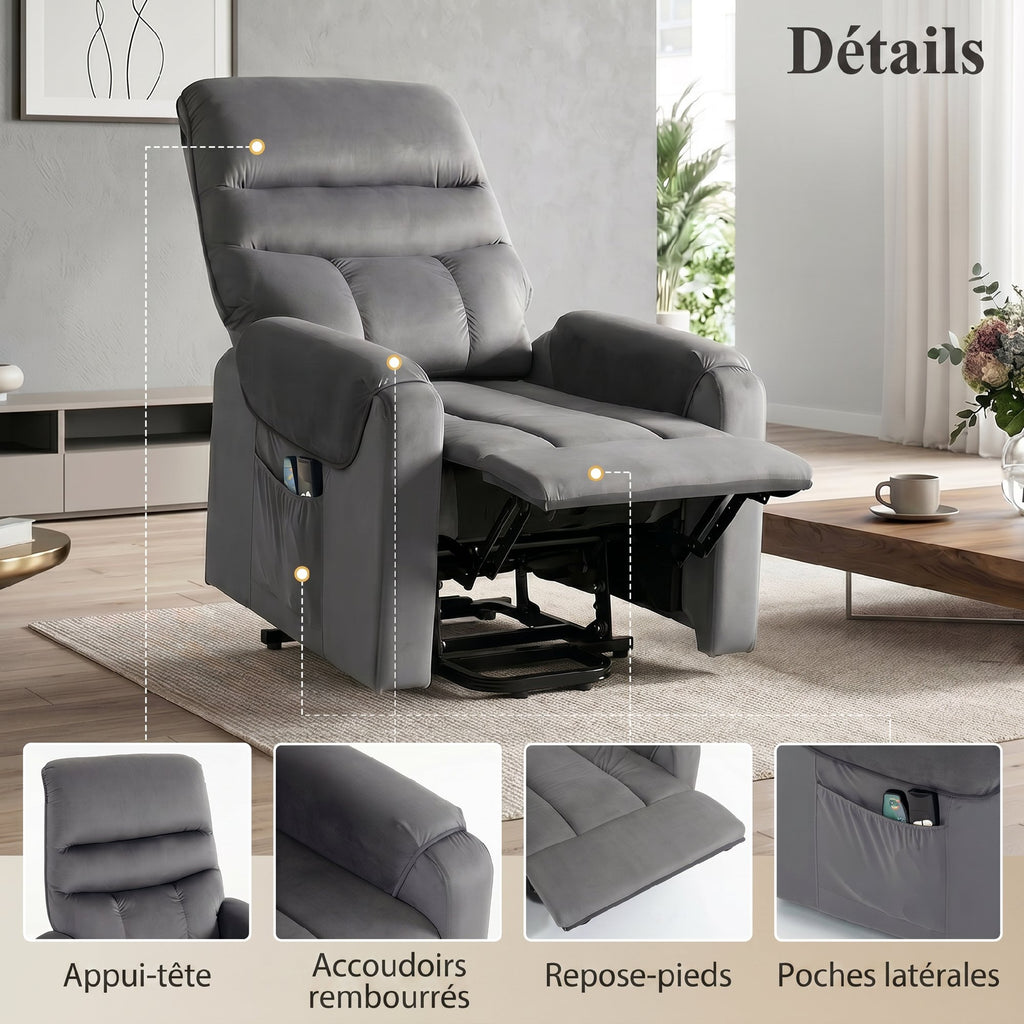 Fauteuil releveur électrique massage vibration et chaleur, fauteuil relax électrique en velours, gris foncé-6