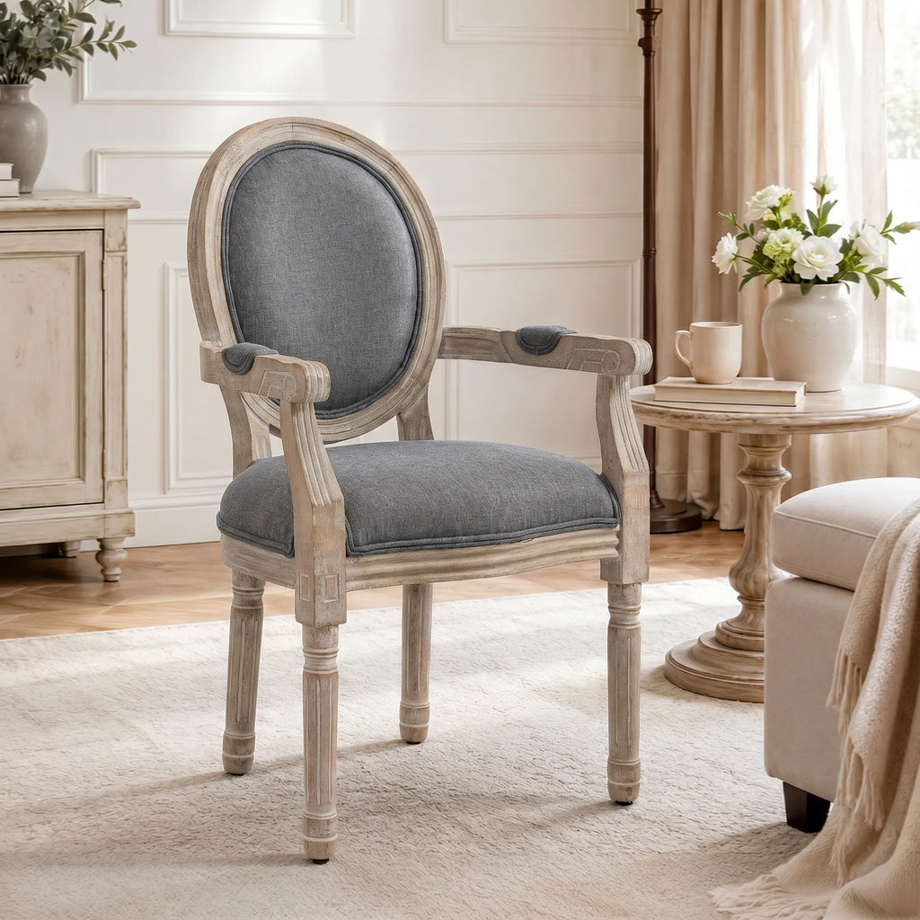 Chaise de Salle à Manger Chaise de Salon médaillon Style Louis XVI Bois Massif patiné sculpté Tissu Lin Gris-7