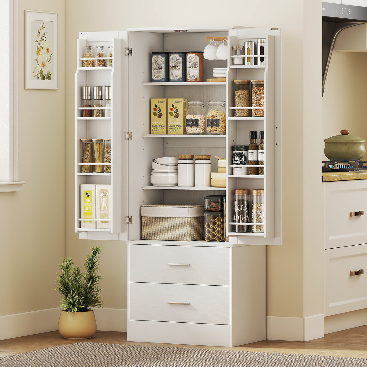 Buffet haut cuisine, armoire de cuisine, 2 portes, 8 porte-épices, 2 tiroirs, étagères réglables, 60x40x159cm, blanc-9