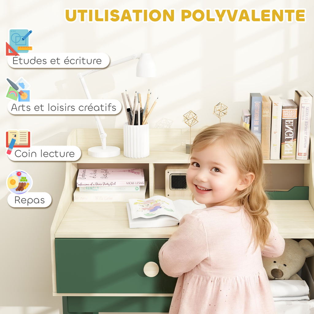 Ensemble bureau et chaise pour enfant avec étagères de rangement et tiroir, mobilier pour enfants de 3 à 10 ans, vert-3