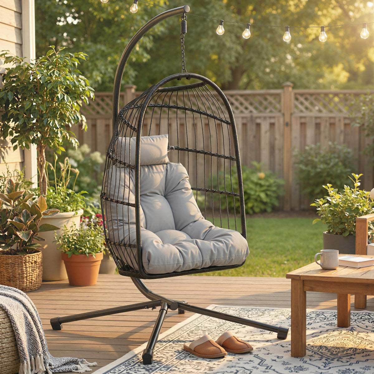 Fauteuil Œuf Suspendu Pliable avec Support Coussin 15cm et Appui-tête Gain de Place Résine Tressée 101x105x196cm Gris-1