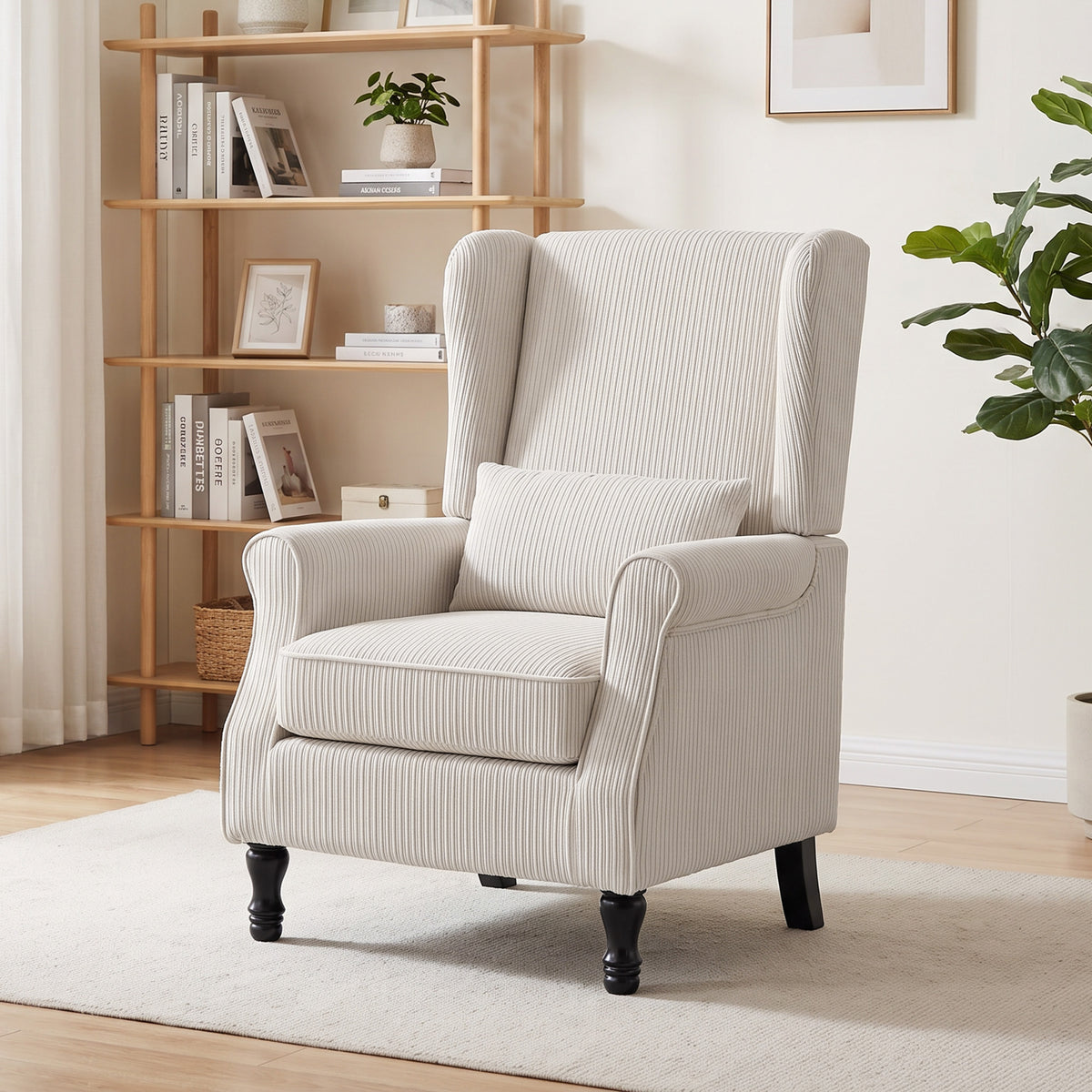 Fauteuil de Salon, Fauteuil d'Appoint Moderne en Velours Côtelé avec Haut Dossier à Oreilles, Coussin Lombaire, Beige-1
