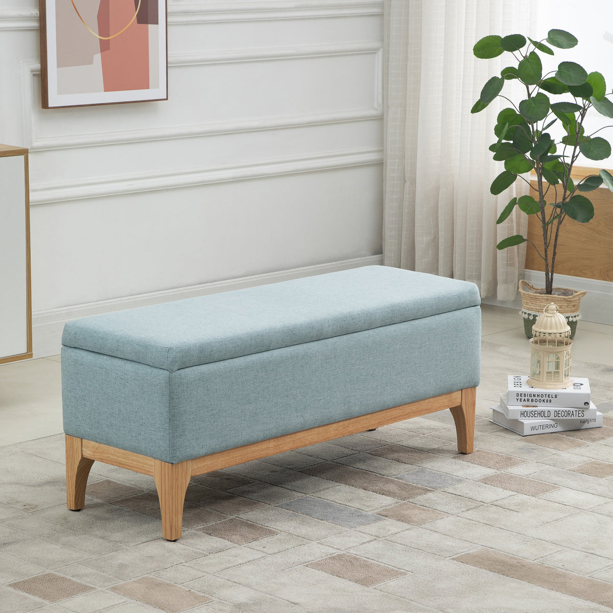 Banc de rangement, coffre de rangement avec couvercle amovible style scandinave, bout de lit en tissu lin, 110 x 39 x 45 cm, vert clair-1