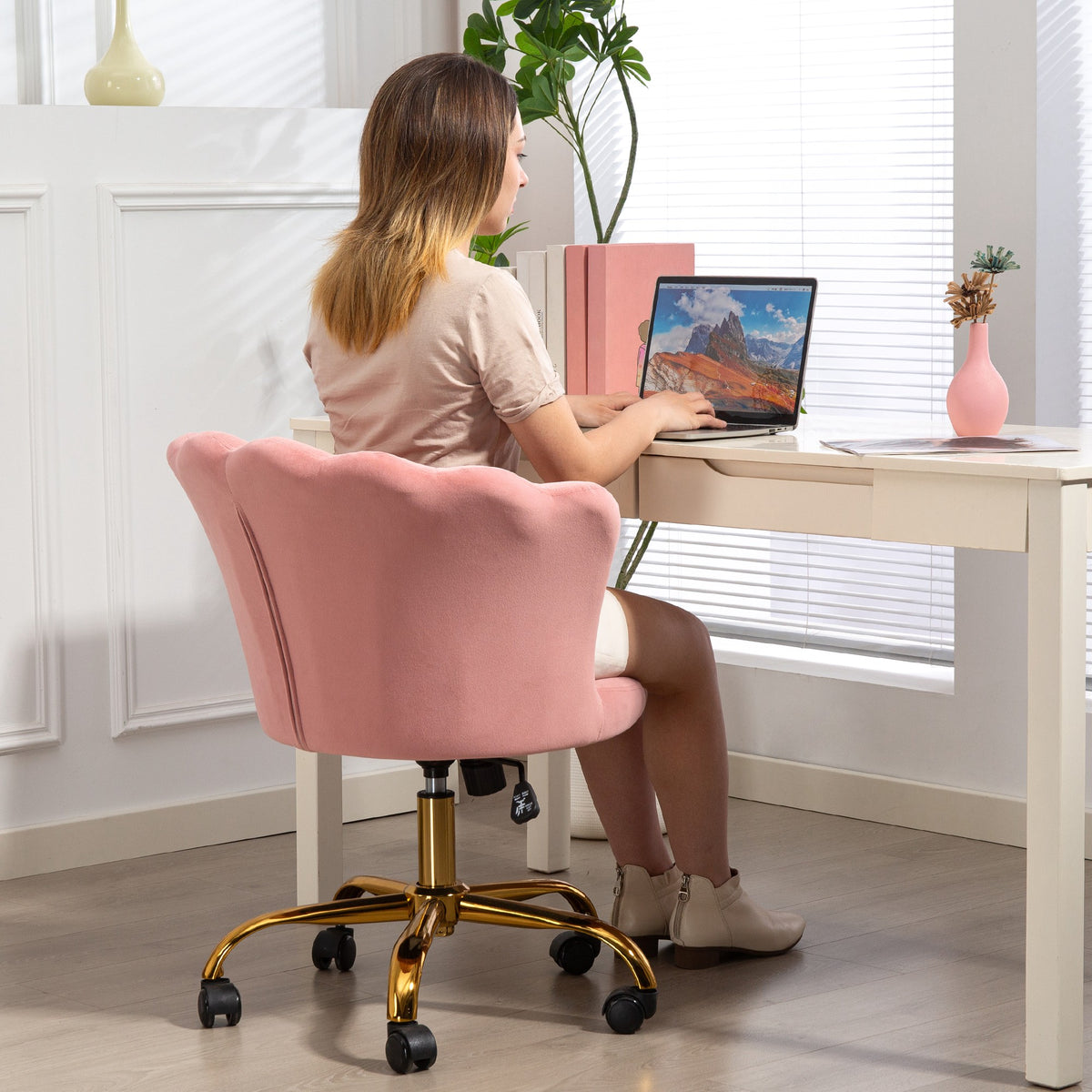 Chaise bureau en velours, chaise coiffeuse avec dossier en pétale, hauteur réglable, 69 x 64 x 80-90 cm, rose-8