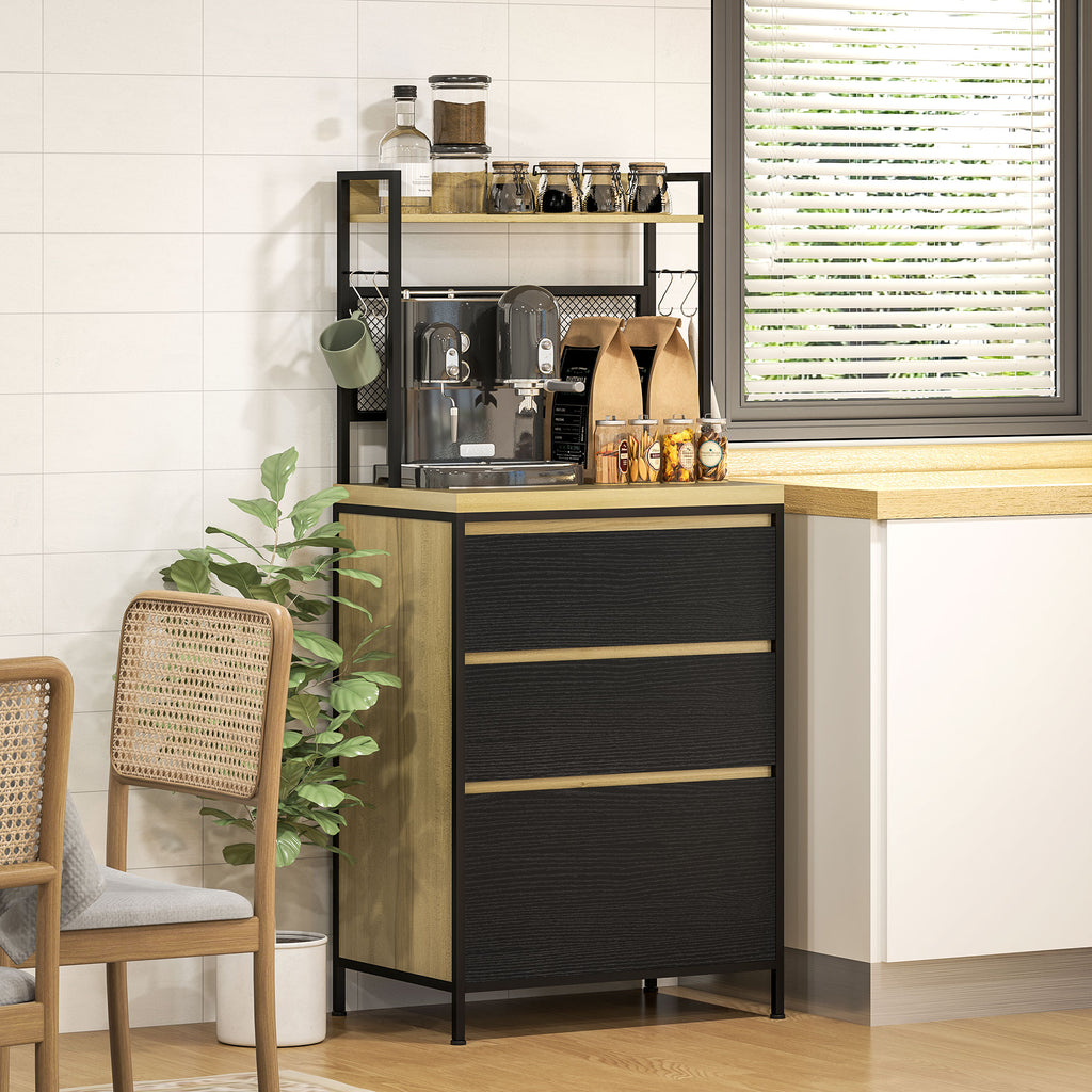 Armoire de cuisine style industriel avec 3 tiroirs, plan de travail, étagère et 4 crochets, 60x40x132cm-8
