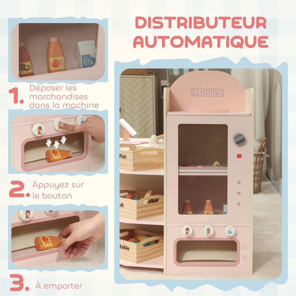 Supermarché pour enfant, marchande en bois, caisse enregistreuse, distributeur et accessoires, 90,7x60x73,8cm, vert-5