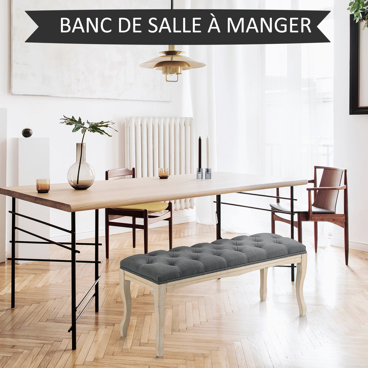 Banc Banquette capitonnée Style Classique 110 cm Bout de lit Rembourrée en lin piètement Bois hévéa sculpté Lin Gris-5