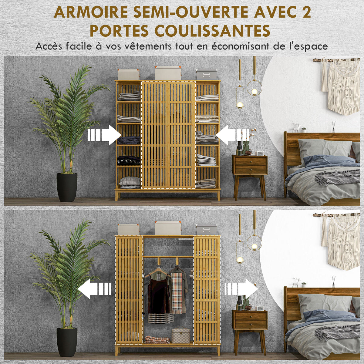 Armoire en bambou avec 2 portes coulissantes, étagères et tringle, grande armoire pour la chambre, 145 x 35 x 165cm-4