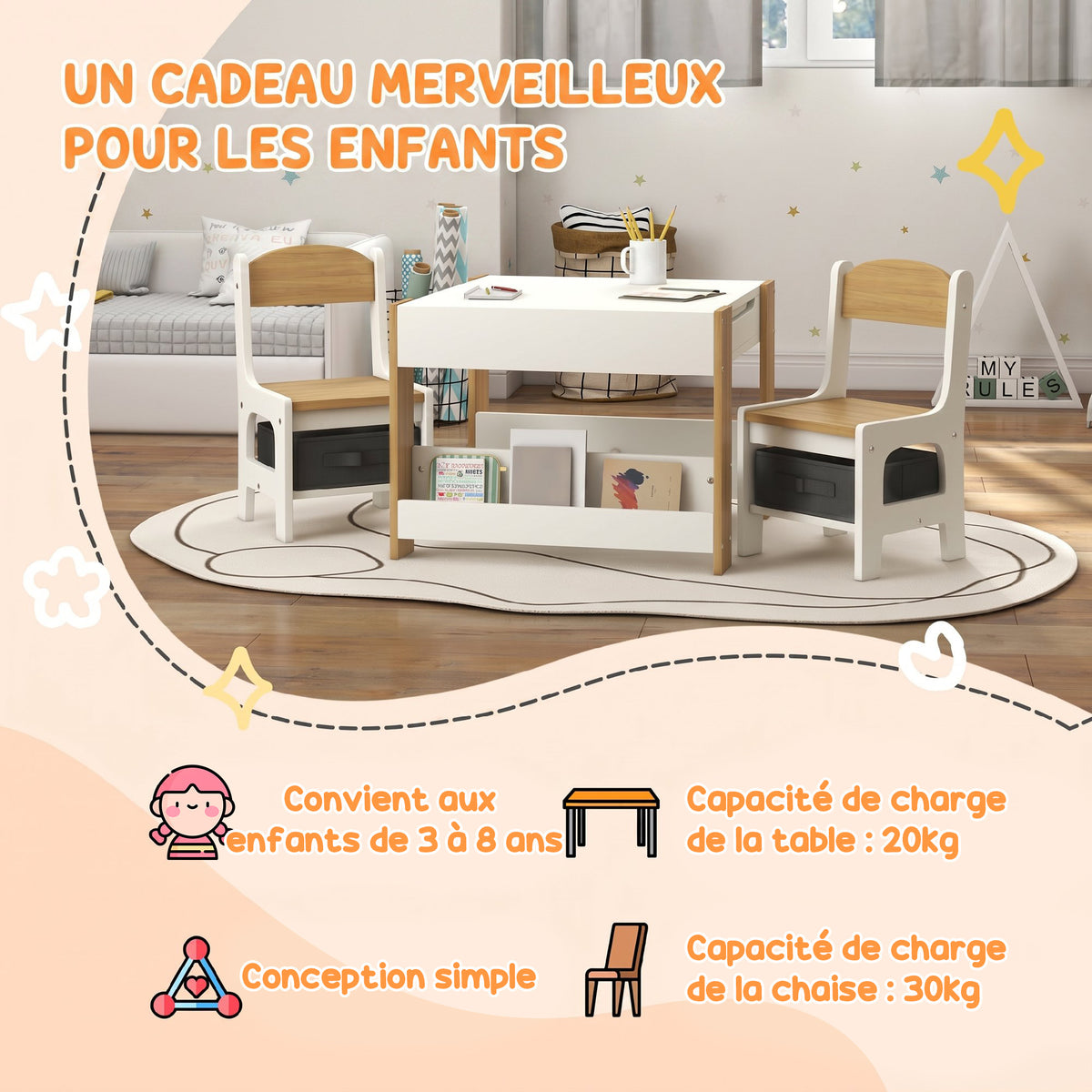 Ensemble 3 pièces table et 2 chaises pour enfant avec plateau réversible tableau noir, panier de rangement, étagères-4