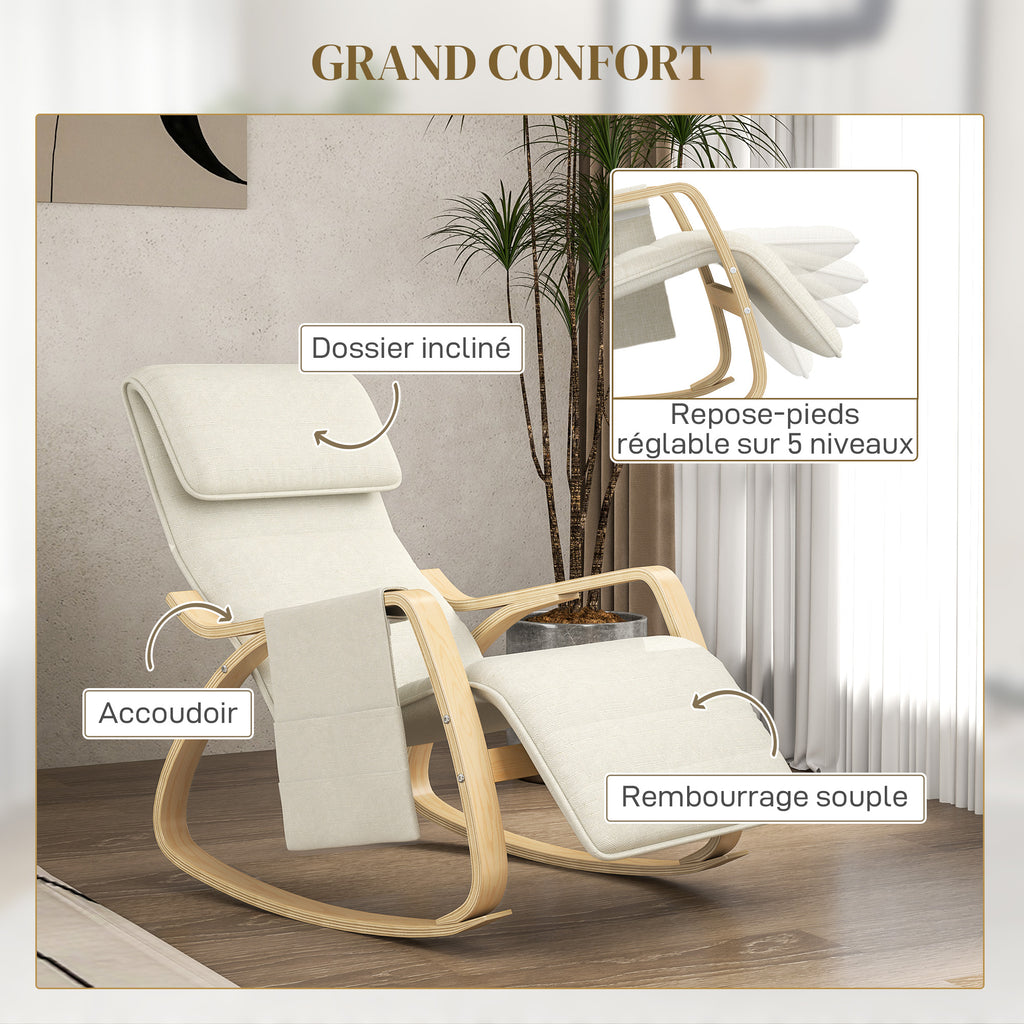 Fauteuil relax à bascule fauteuil allaitement avec repose-pieds réglable, poche latérale et appui-tête, blanc crème-4