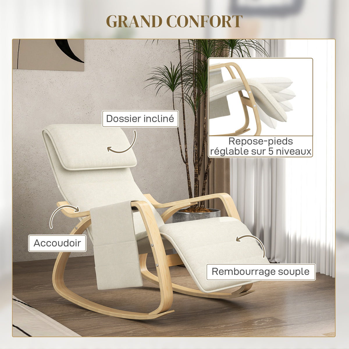 Fauteuil relax à bascule fauteuil allaitement avec repose-pieds réglable, poche latérale et appui-tête, blanc crème-4