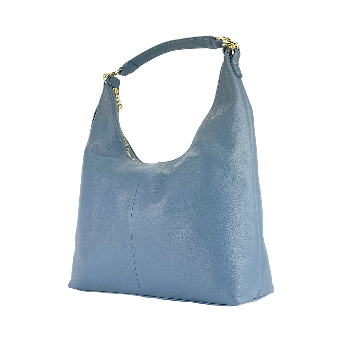RB1017P | Borsa Donna a spalla Morbida in Vera Pelle Made in Italy con tracolla removibile. Attacchi con moschettoni in metallo Oro Lucido - Colore Avio - Dimensioni: cm 36 x 40 x 13-4
