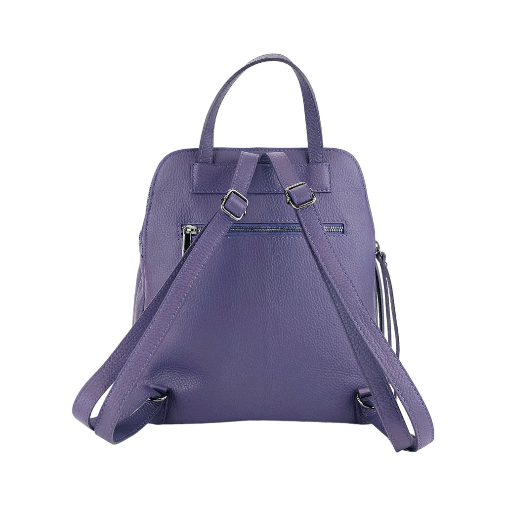 RB1018Y | Zaino Donna Doppio scomparto in Vera Pelle Made in Italy con spallacci regolabili. Accessori in metallo Canna di Fucile - Colore Viola - Dimensioni: cm 26 x 30 x 14,5-4