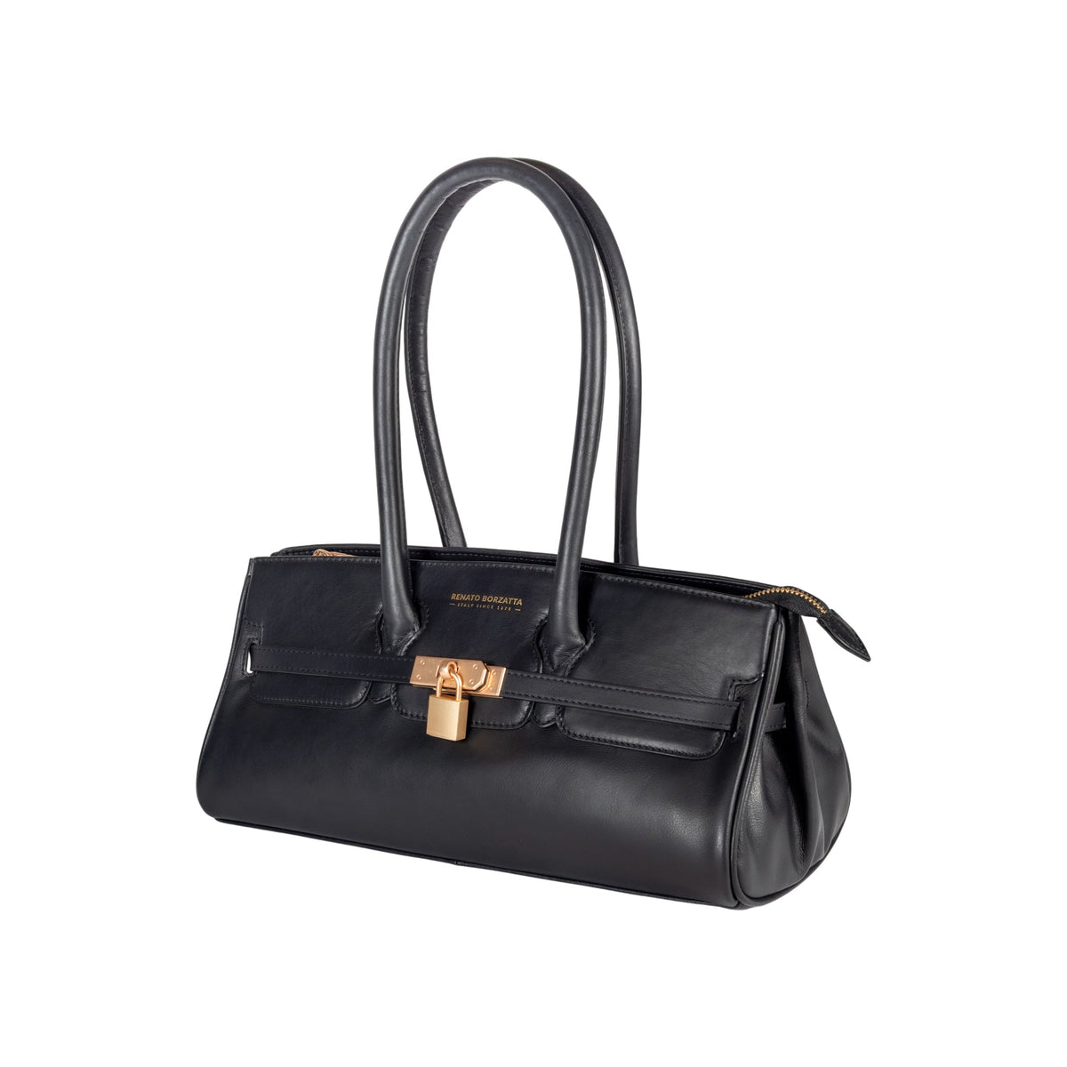 RB1033A | Borsa a Spalla Donna ARIANNA in Vera Pelle Morbida Sauvage Made in Italy. Accessori in metallo Oro Opaco. Colore Nero. Dimensioni: cm 34 x 15 x 16 + 20 (Luce manici)-1
