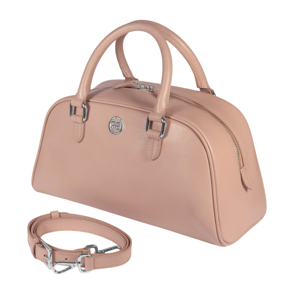 Borsa bowling Virginia in pelle Saffiano, cipria, Made in Italy-1