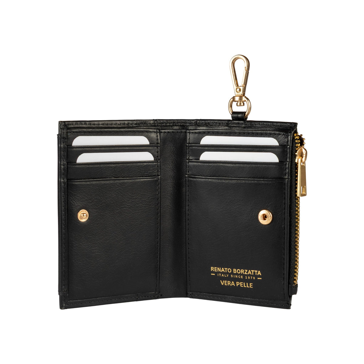 RB1085A | Portafogli Donna Made in Italy in Vera Pelle Morbida Sauvage. Accessori in metallo Oro Opaco. Colore Nero. Dimensioni (da chiuso): cm 8 x 11,5 x 2-1