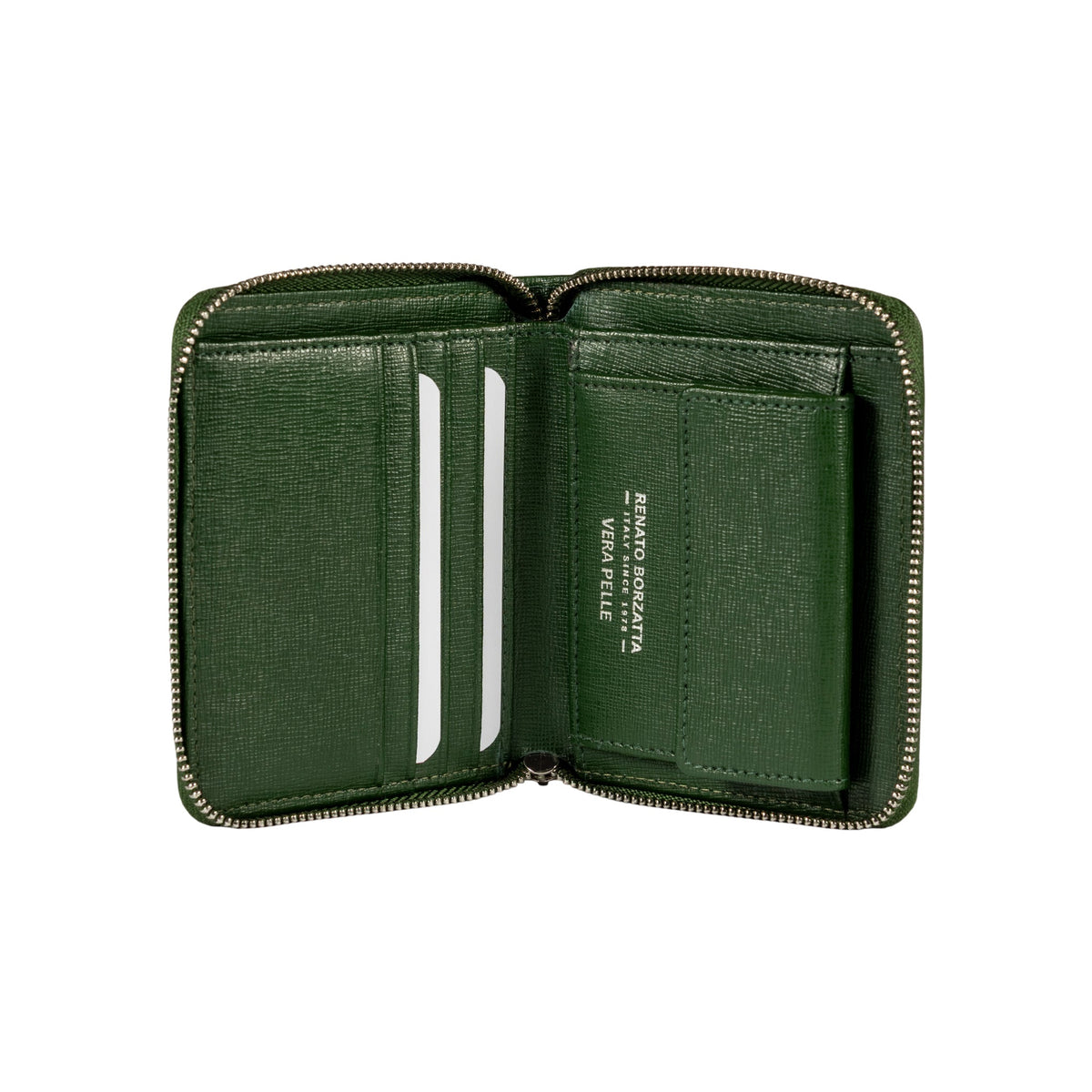 RB1086E | Portafogli Donna con Chiusura Lampo Made in Italy in Vera Pelle Saffiano. Accessori in metallo Argento Lucido. Colore Verde. Dimensioni (da chiuso): cm 10 x 12 x 2-1