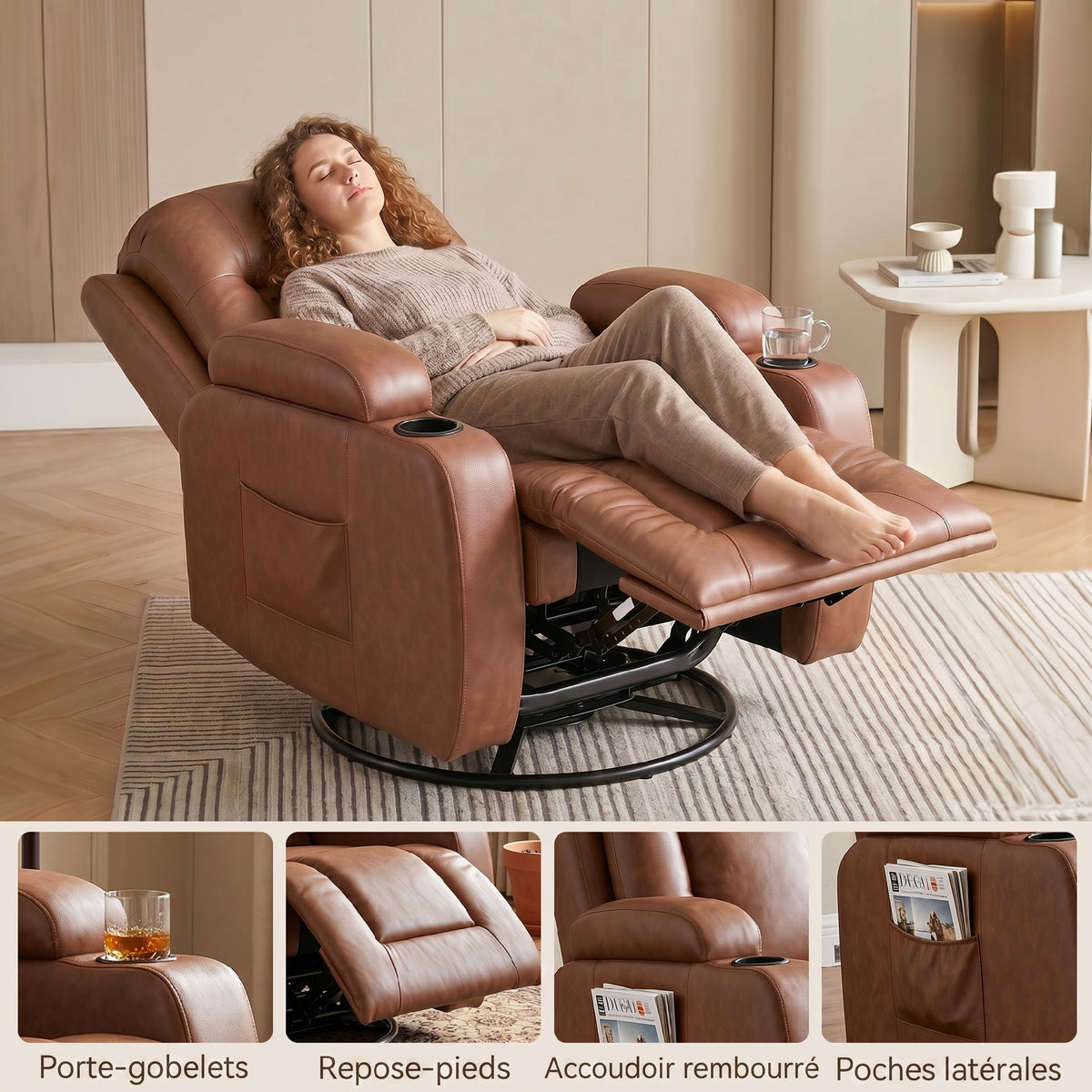 Fauteuil Inclinable de Massage et Chauffage, Fauteuil de Relaxation, Dossier Réglable, Pivotant, 82x99x103cm, Marron-6