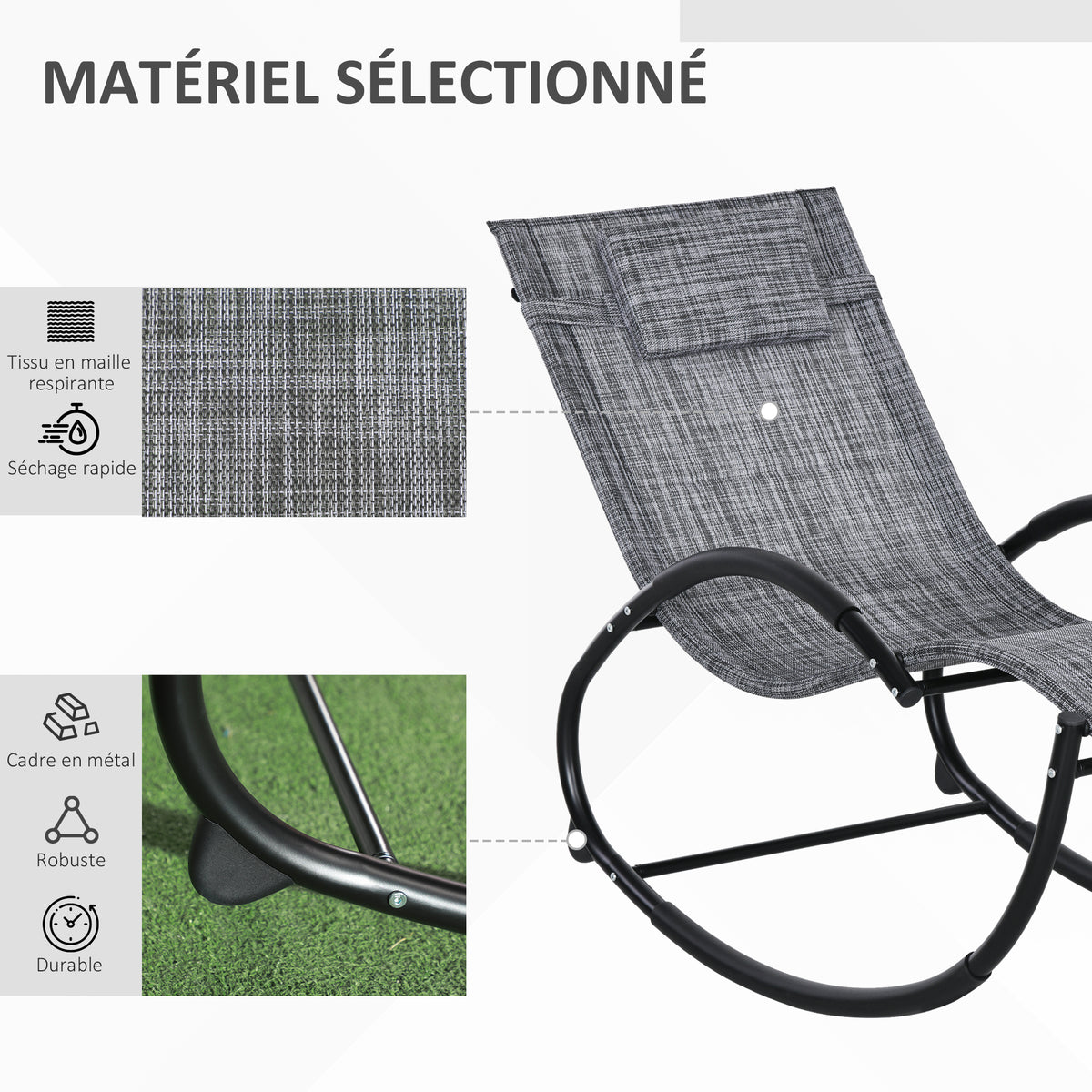 Chaise longue à bascule avec tétière utilisation extérieure intérieure gris chiné-6
