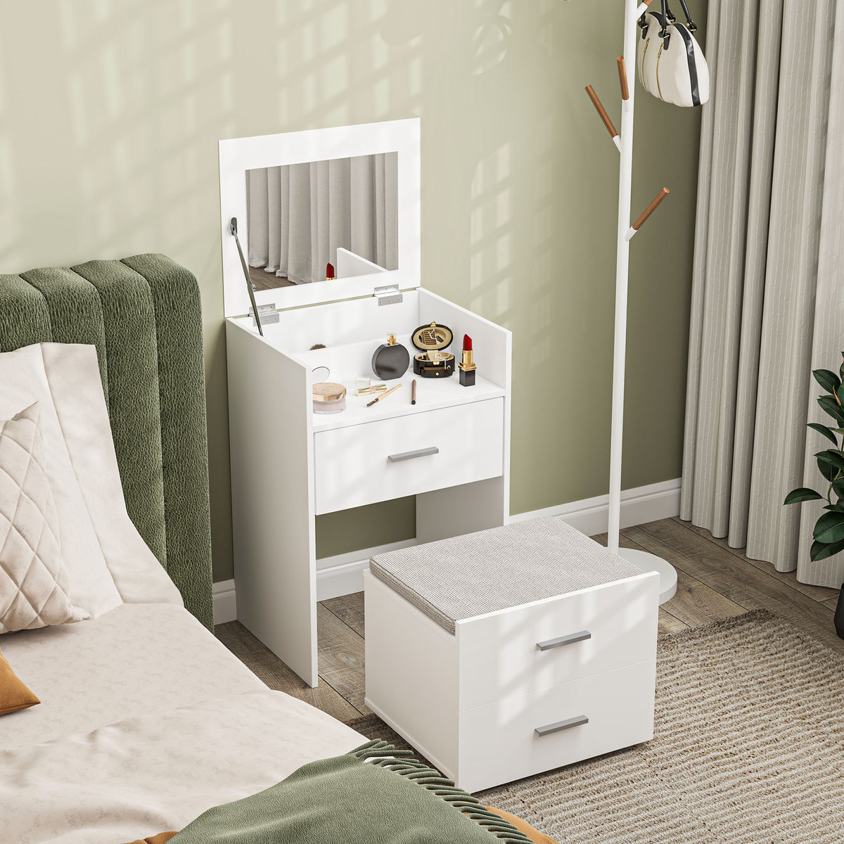 Coiffeuse avec miroir relevable et tabouret à roulettes, table de maquillage avec 2 tiroirs, coussin amovible, blanc-8