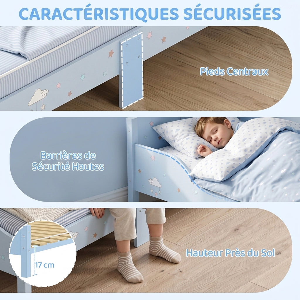 Lit Enfant 70 x 140 cm, Lit pour Enfant avec Barrière de Sécurité et Sommier à Lattes en Bois, Motif Nuage, Bleu-4