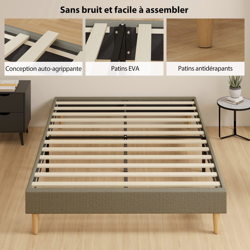 Cadre de lit 140 x 190 cm avec sommier à lattes en bois, lit double rembourré en velours côtelé, gris-6