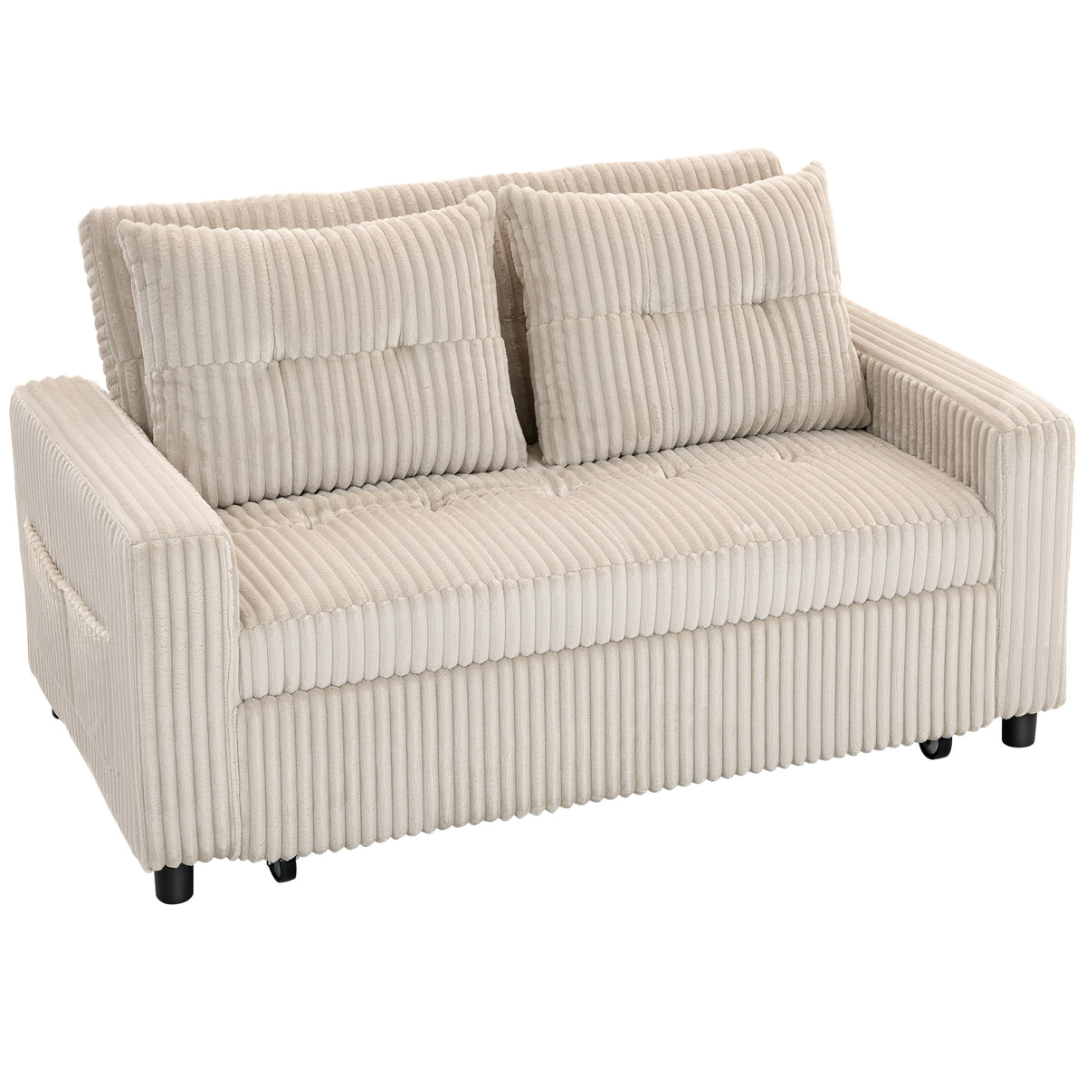 Canapé convertible 2 places canapé-lit en velours côtelé 157x190cm dossier réglable poches latérales et 2 coussins crème-0