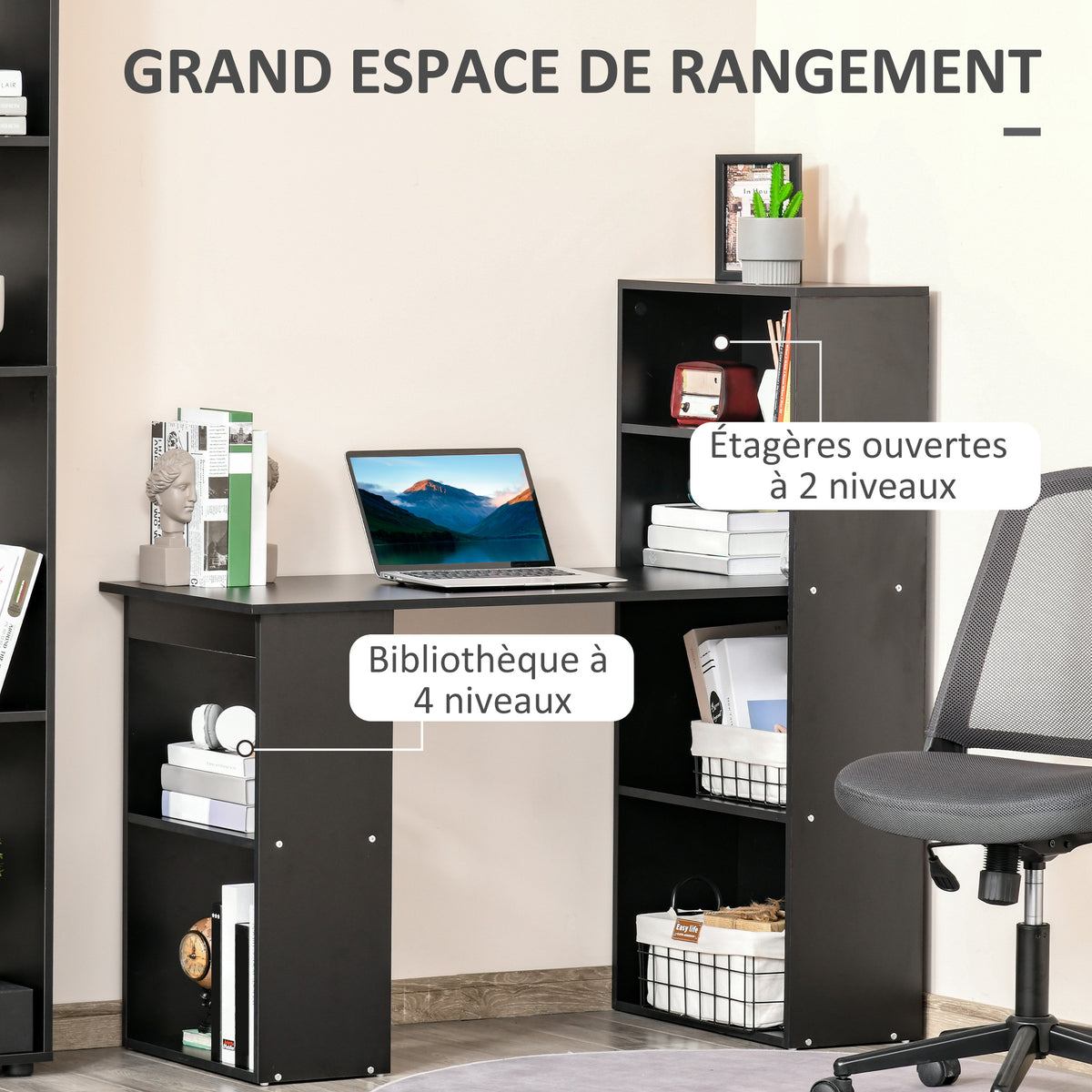 Bureau informatique, bureau avec rangement, 6 compartiments ouverts, table d'ordinateur pour chambre, studio-4