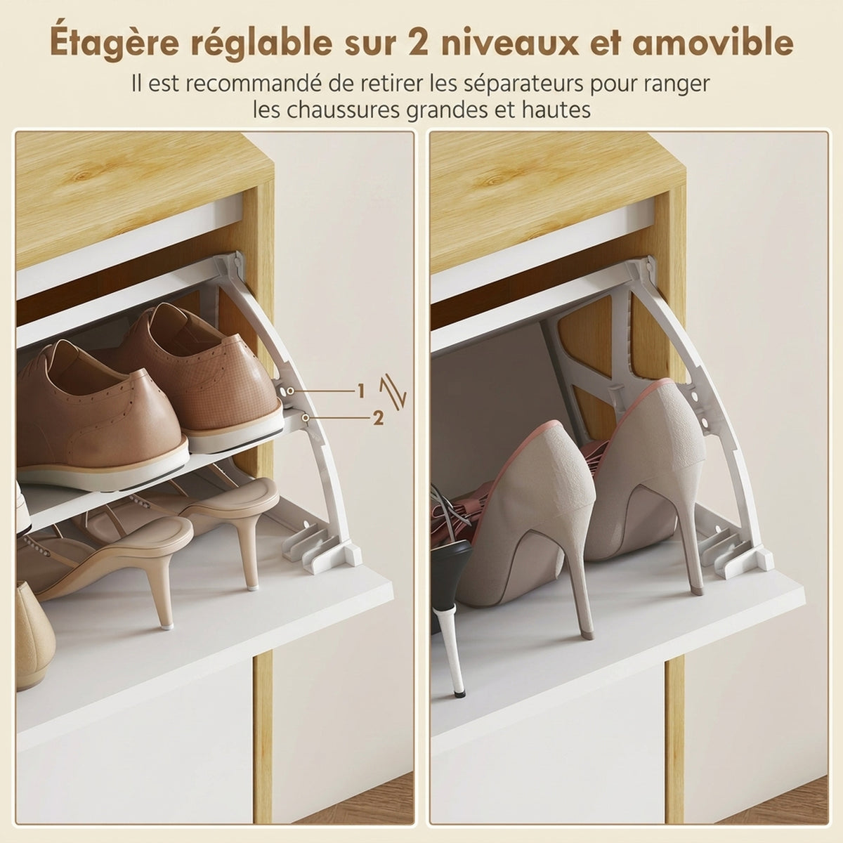 Meuble à chaussures, armoire à chaussures étroite, 2 tiroirs rabattables, portes haute brillante, 60x24x91cm, blanc-5