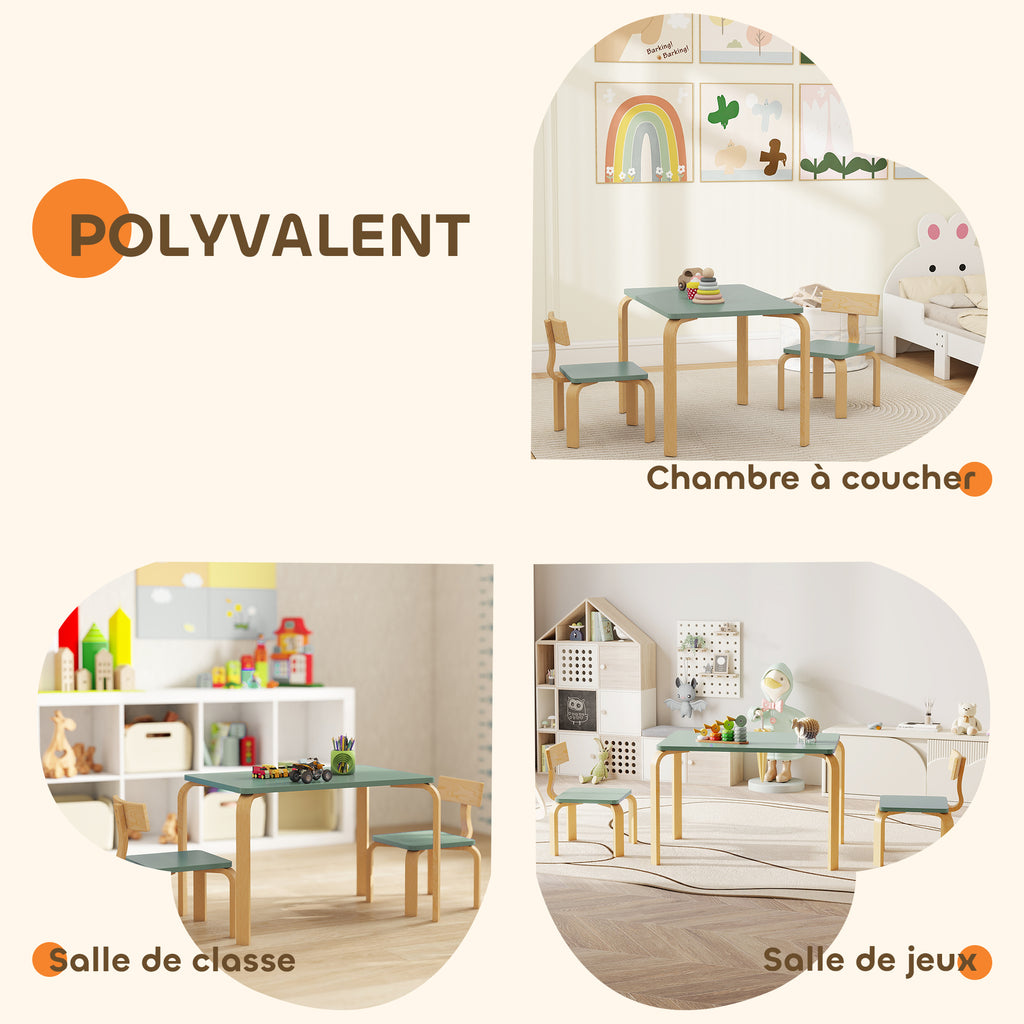 Table enfant avec chaises, lot table et 2 chaises enfant en bois pour dessiner, jouer, étudier, 78x53x53cm, vert-6