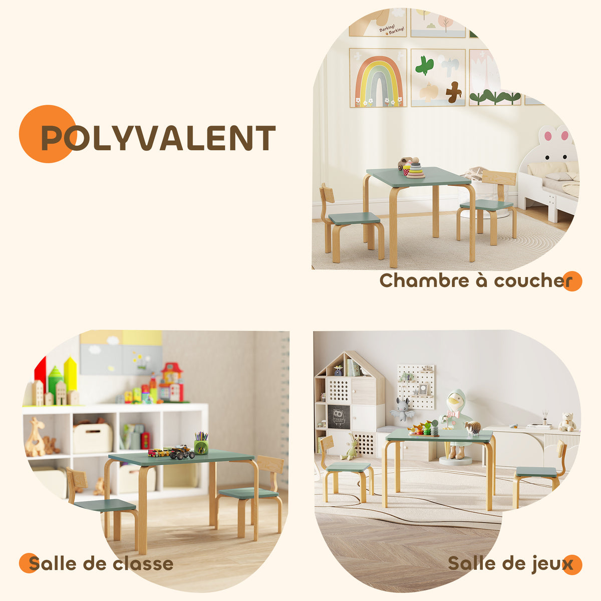Table enfant avec chaises, lot table et 2 chaises enfant en bois pour dessiner, jouer, étudier, 78x53x53cm, vert-6