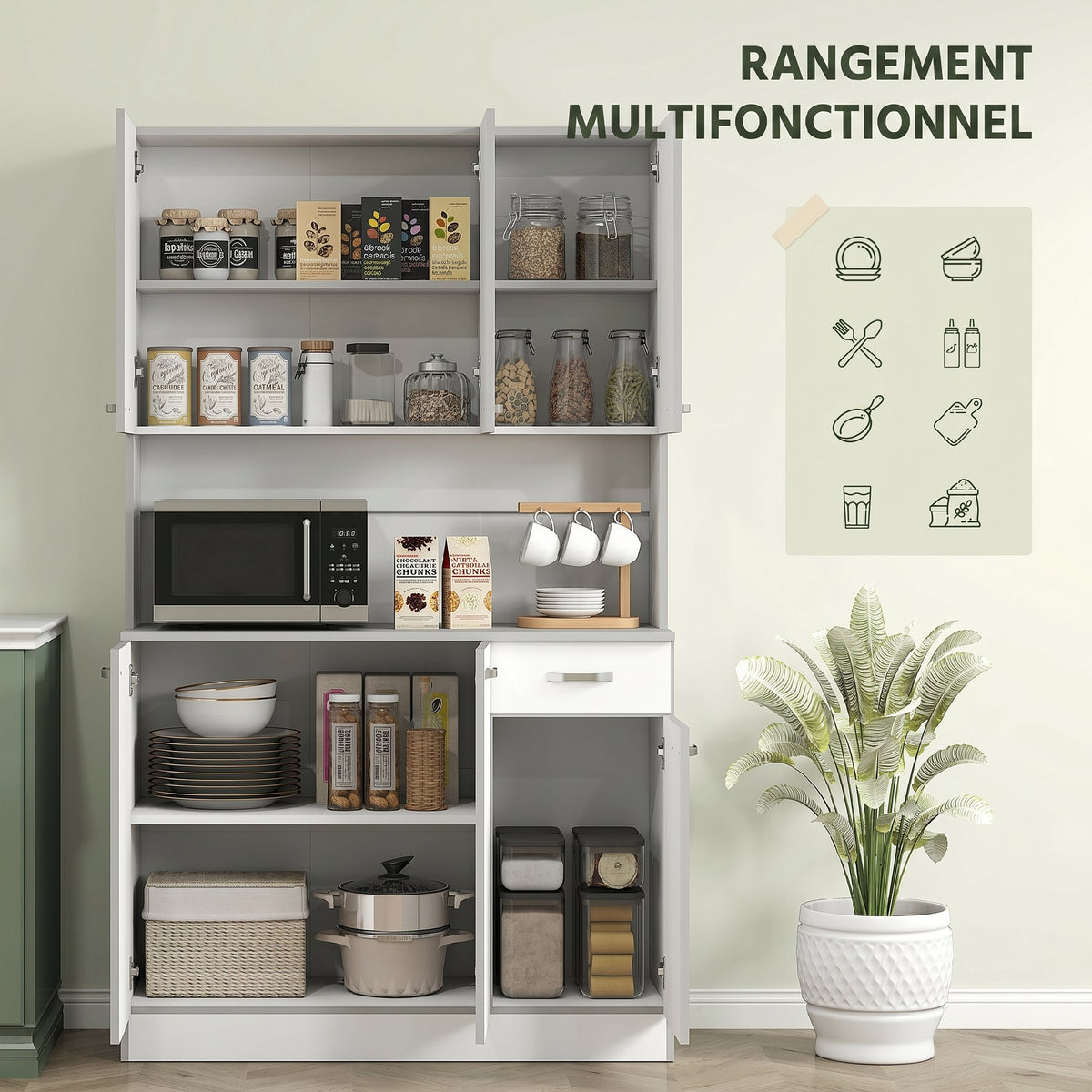 Buffet de cuisine armoire de cuisine contemporaine multi-rangements 6 portes 1 tiroir + grand plateau-3