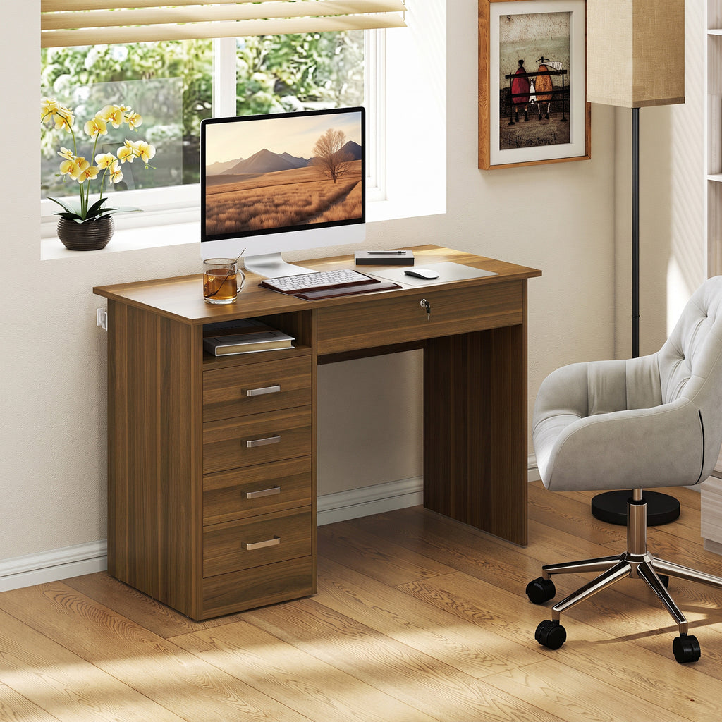 Bureau Informatique avec 5 Tiroirs, 110 x 50 cm, Bureau avec Rangement, Étagère Ouverte, Tiroir Verrouillable, Noyer-6