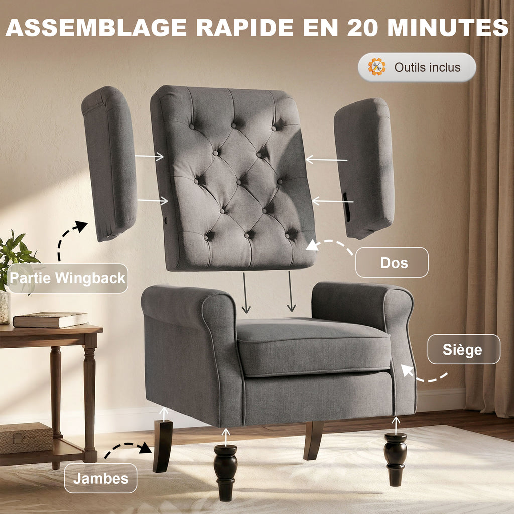 Fauteuil de Salon, Fauteuil d'Appoint Mi-Siècle Moderne en Velours avec Haut Dossier Capitonné à Oreilles, Gris-6