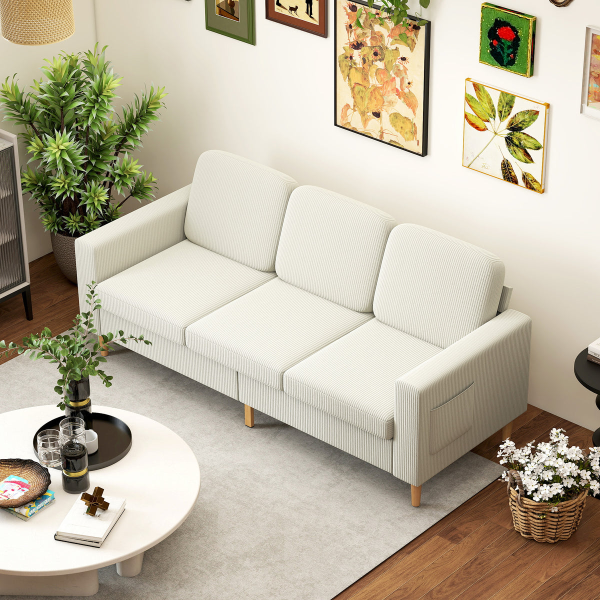 Canapé 3 places en velours côtelé, canapé avec coussins à ressorts et assise rembourré, 192x80x84,5cm, beige-7