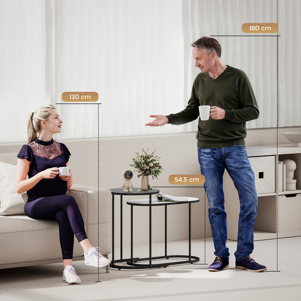 Lot de 2 tables basses gigognes, tables d'appoint empilable style contemporain, cadre en métal gris et blanc-8