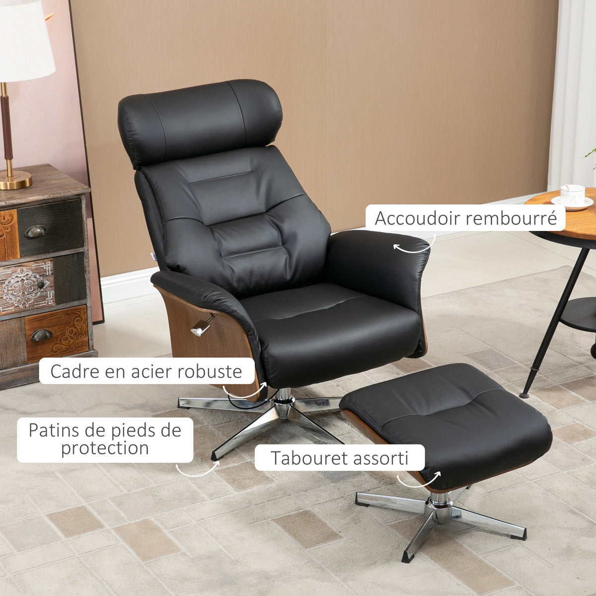 Fauteuil relax avec repose-pied, fauteuil de relaxation avec dossier inclinable, têtière réglable, 80x84x108cm, noir-7