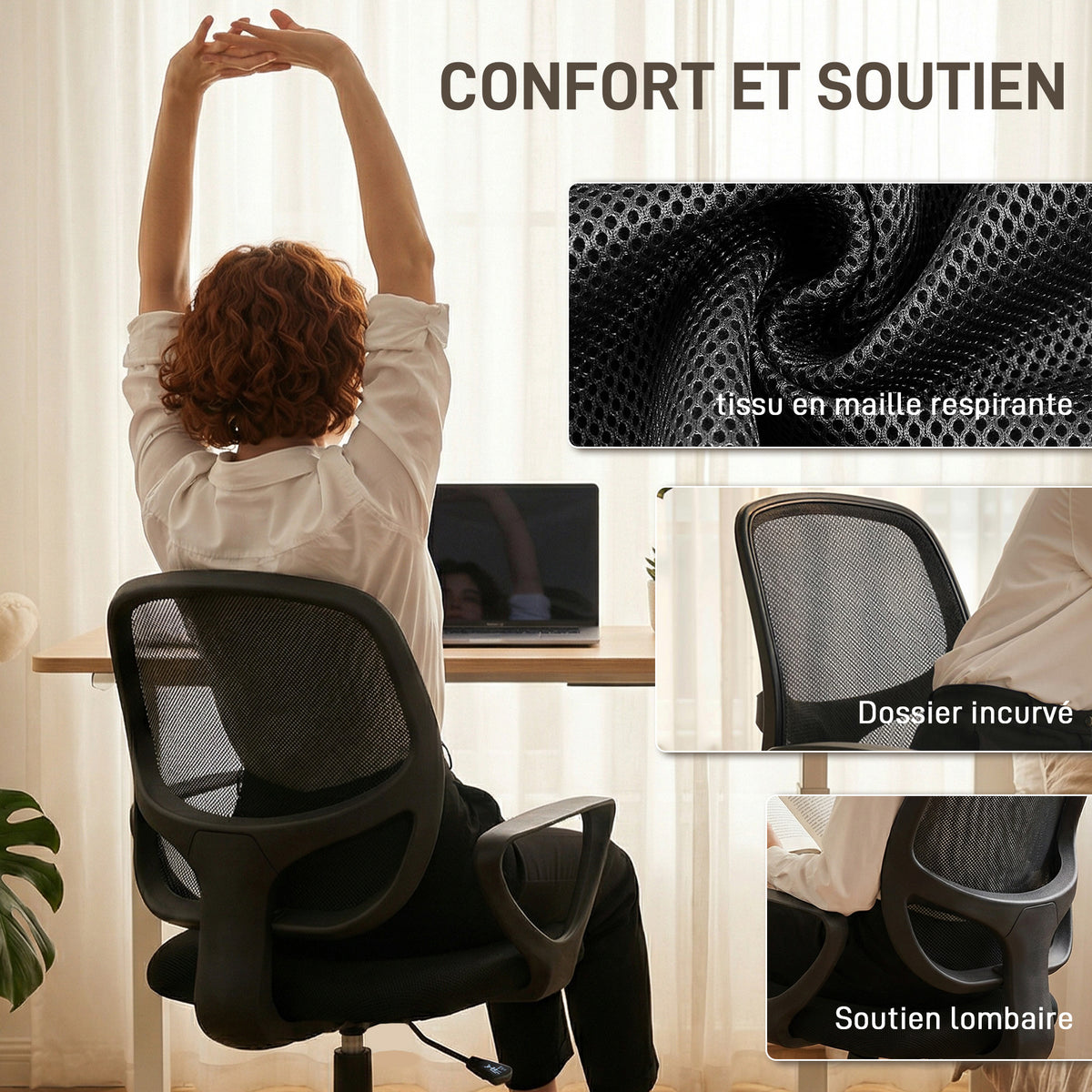 Chaise bureau ergonomique, fauteuil de bureau avec repose-pieds et accoudoirs, hauteur réglable, 59x58x103-123cm, noir-5