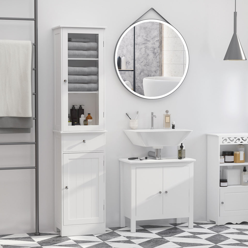 Meuble Colonne de Salle de Bain Placard Porte Acrylique 2 étagères Placard Porte 1 étagère tiroir MDF Blanc-1