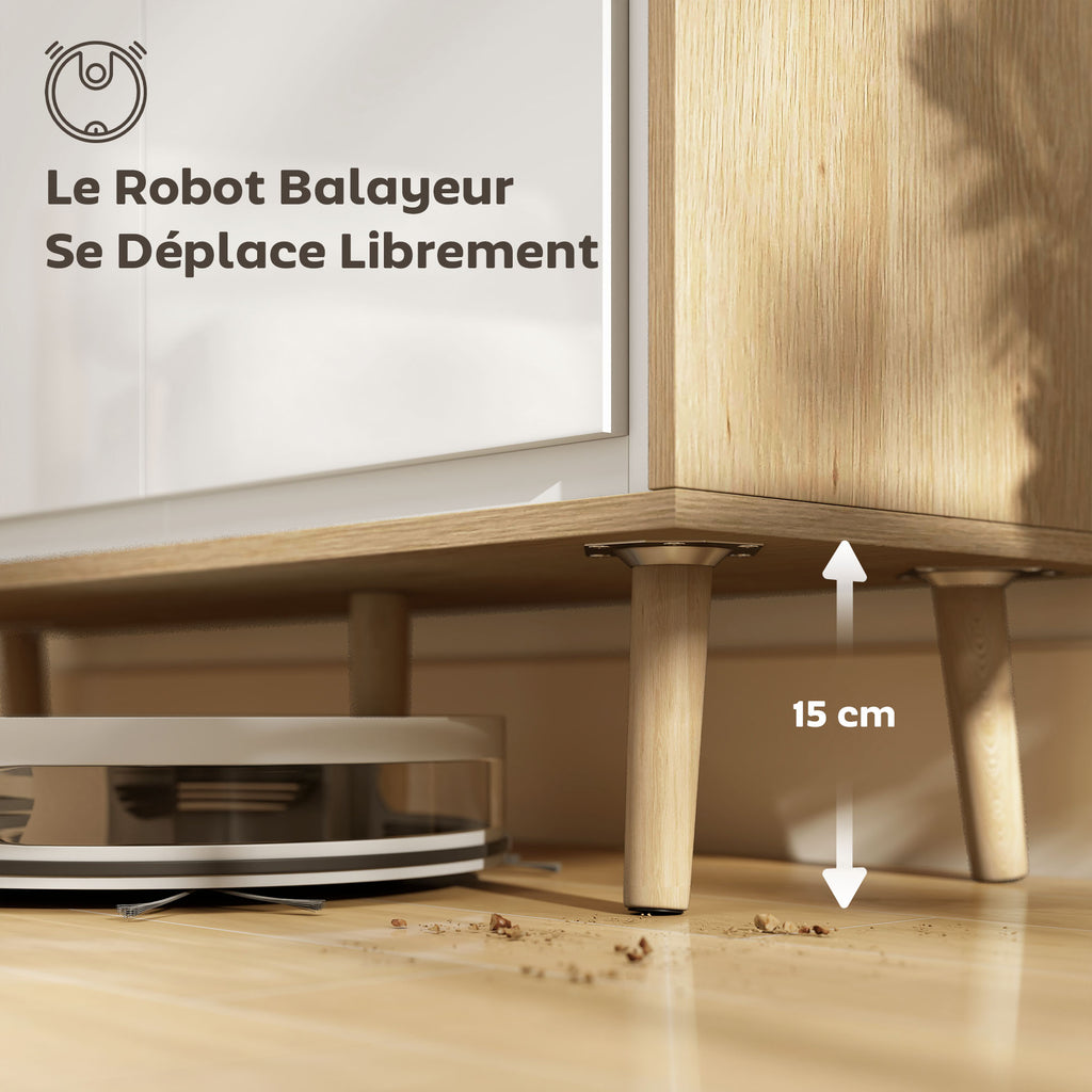 Buffet à haute brillance, meuble de rangement avec 4 portes, étagères réglables, 141 x 35 x 77 cm, blanc et chêne-6