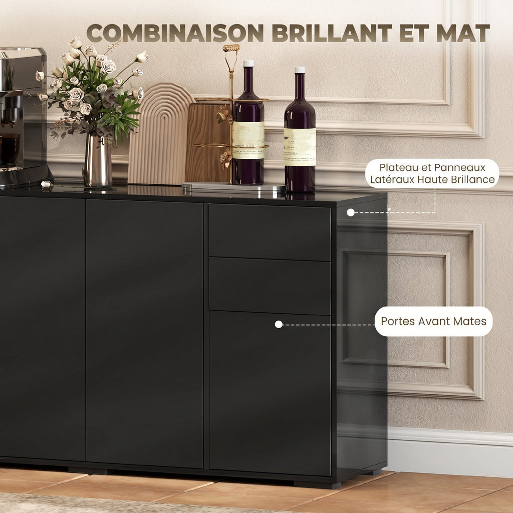 Buffet meuble de rangement 2 tiroirs coulissants 4 portes étagère réglable panneaux de particules 140 x 36 x 74 cm noir-4