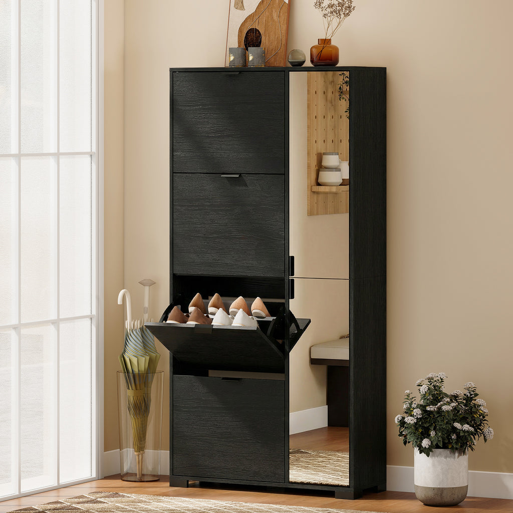 Meuble à chaussures 16 paires armoire à chaussures 4 tiroirs rabattables 2 portes en miroir étagères réglables noir-8
